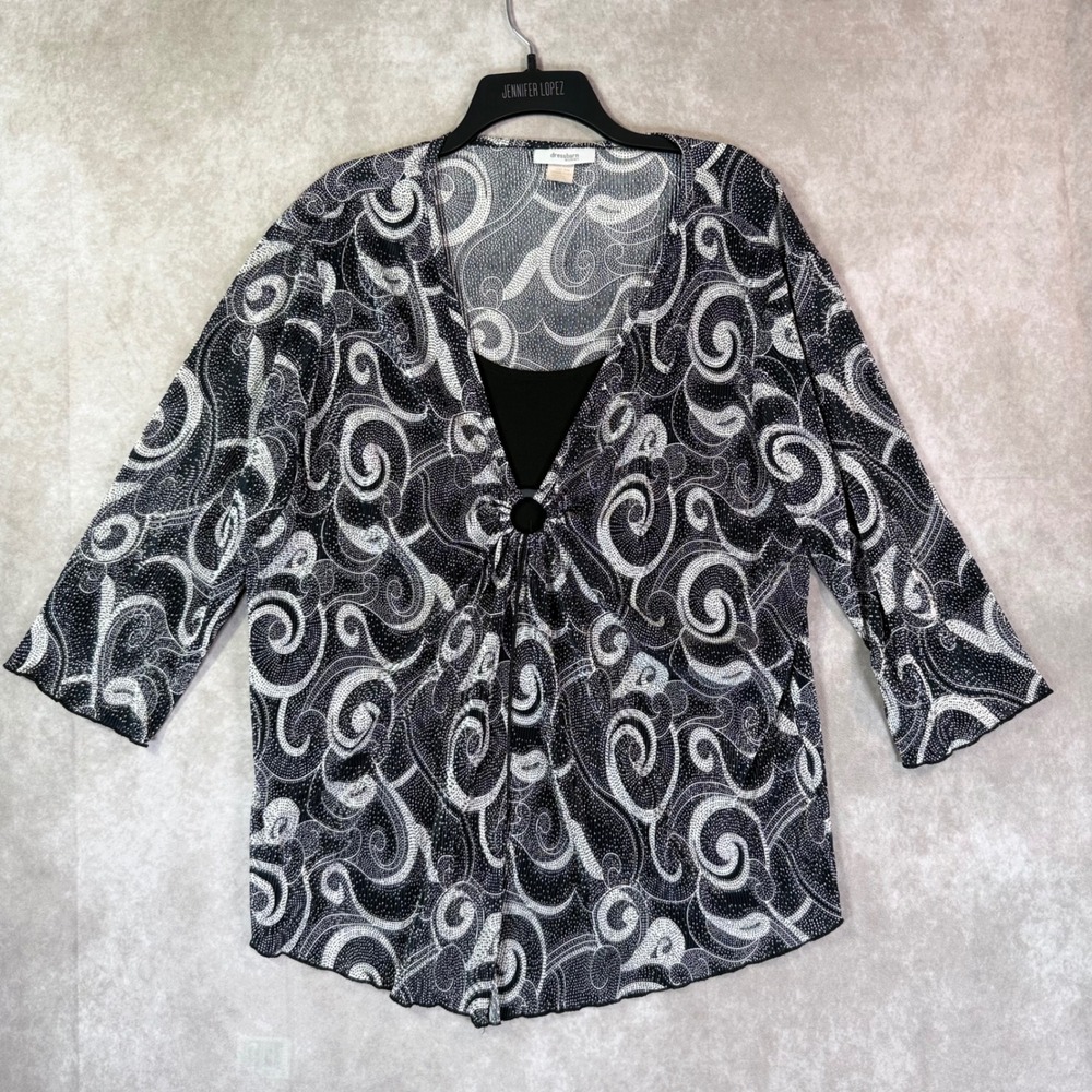 Dressbarn VTG Blouse Women 3X Black White Swirl Whimsigoth Y2K Abstract Ring